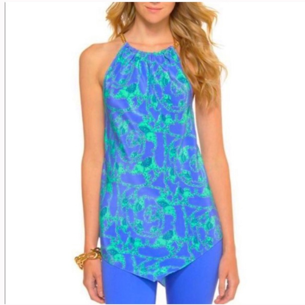Lily Pulitzer Cabana Gold Chain Elephant Halter Tank Sz L Green Blue
